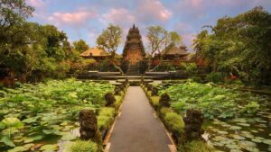 Saraswati Temple with lotus pond and traditional Balinese architecture in Ubud